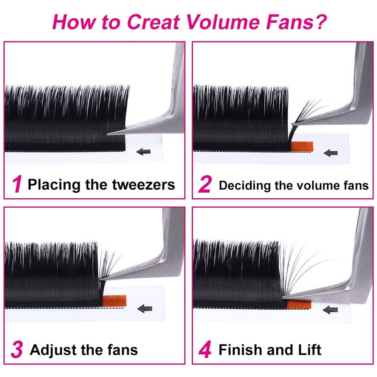 Lash volume fans being created with tweezers, multiple clusters forming on a strip