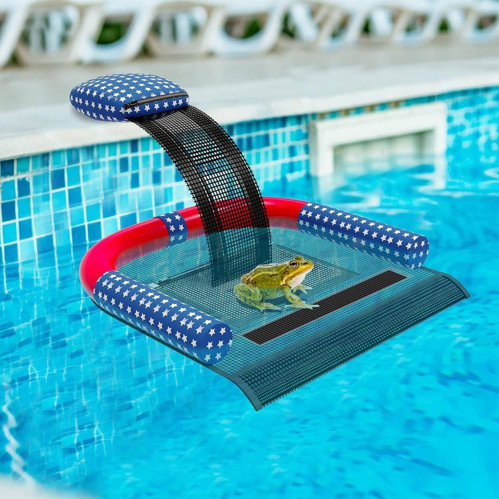 Star-spangled pool escape ramp with black mesh surface and red slide-style frame