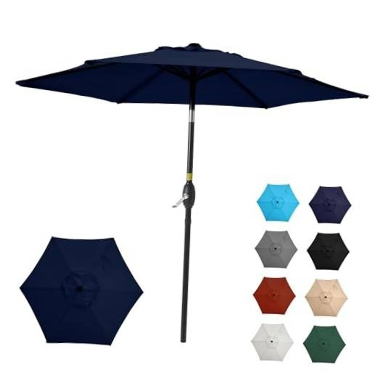 Navy blue patio market table umbrella with vented canopy and central pole base