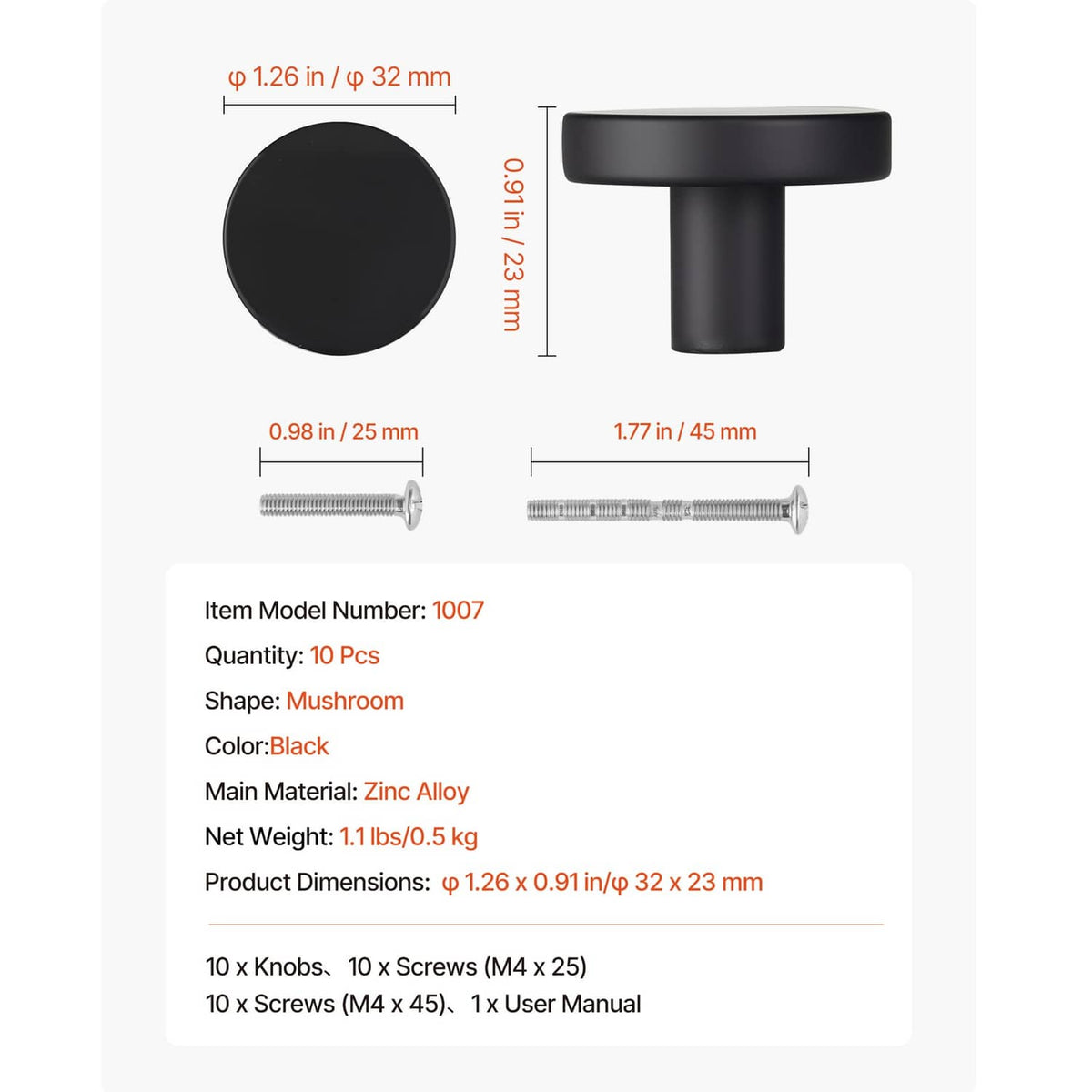 Black mushroom cabinet knob dimensions with round top, stem, and two screw sizes.