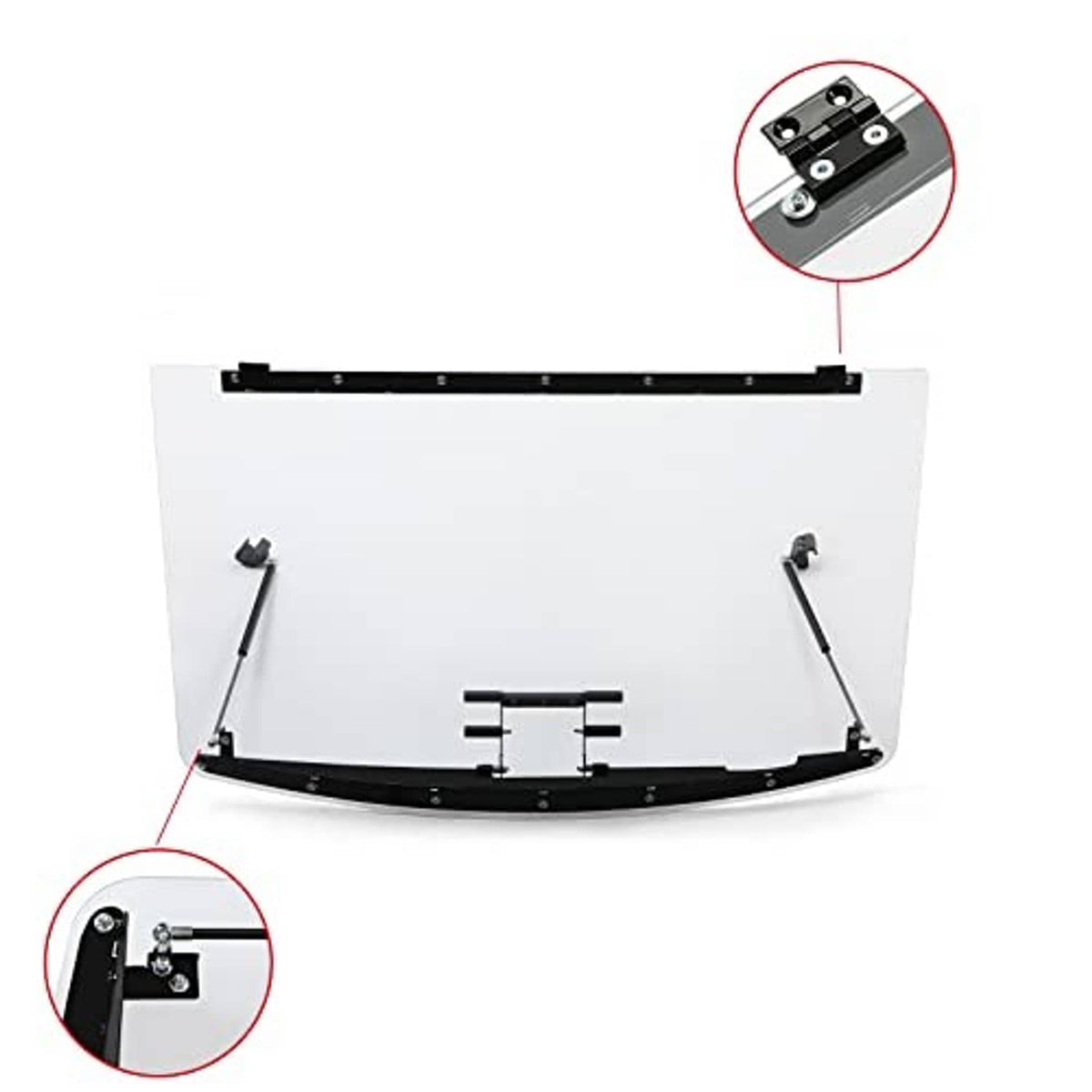 Clear windshield panel with black frame, mounting hardware and adjustable brackets