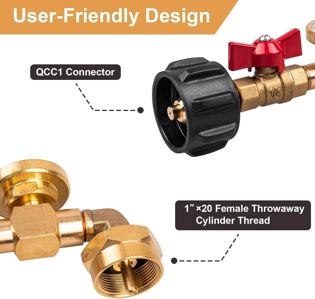 Brass propane adapter with black outlet connector, red handle, and cylinder threads