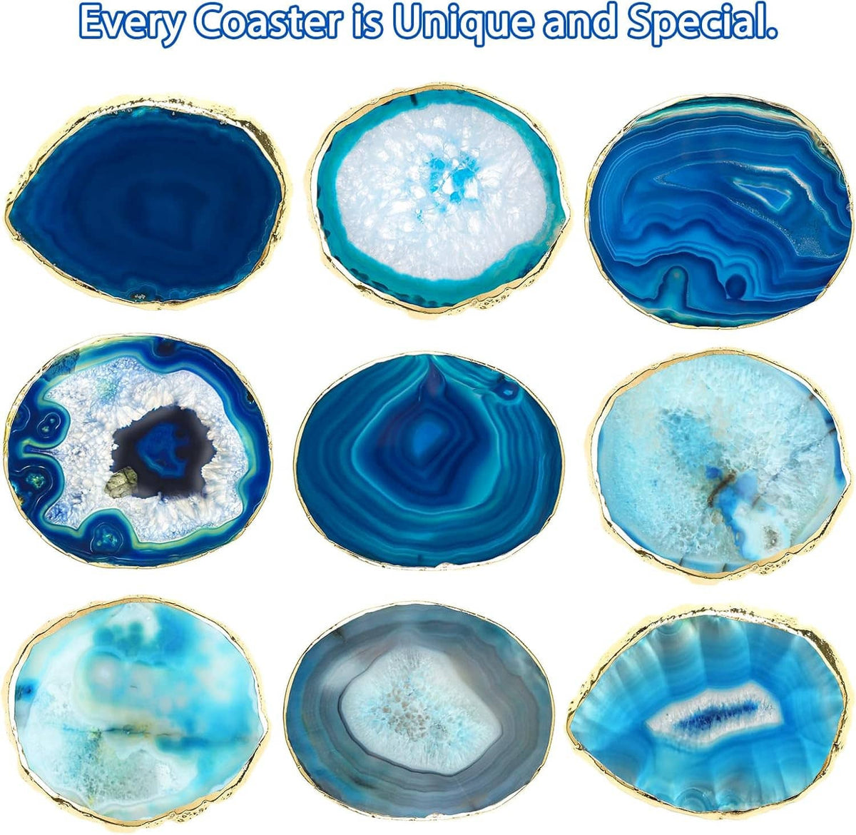 Assorted blue agate-style coasters set of 9 with gold-tone edges.