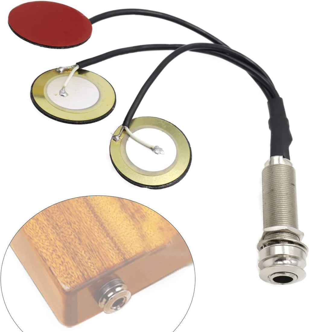 Three-piezo contact microphone set with red pads, gold bases, and 1/4-inch output cable
