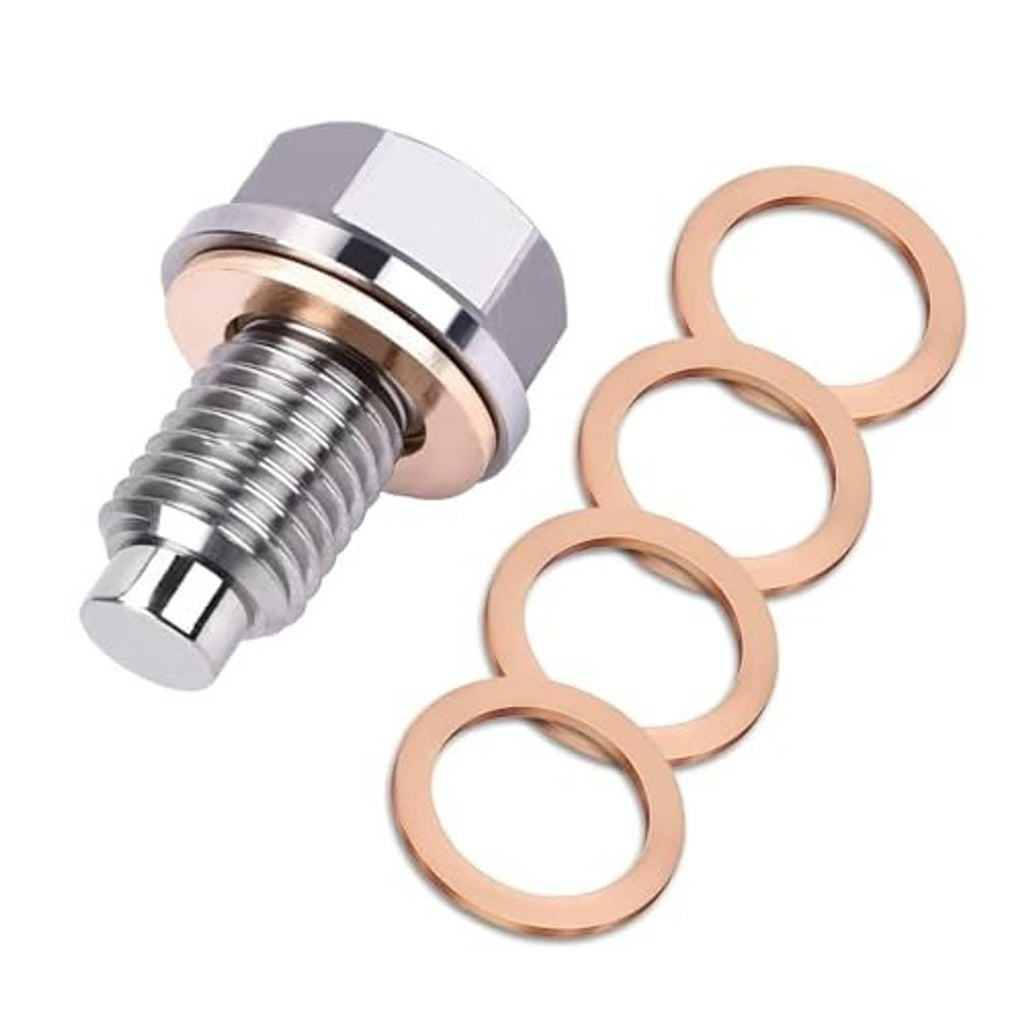 Magnetic oil drain plug with threaded stud and four copper sealing rings