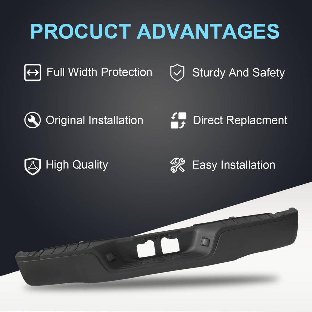 Black rear step bumper assembly with textured tread and center license/indicator cutouts