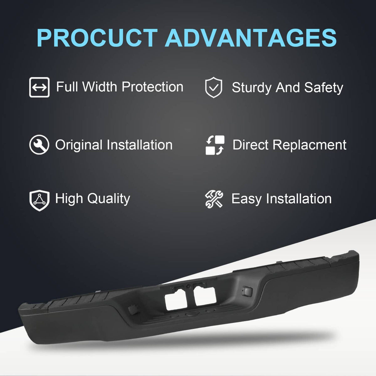 Black rear step bumper assembly with textured tread and center license/indicator cutouts