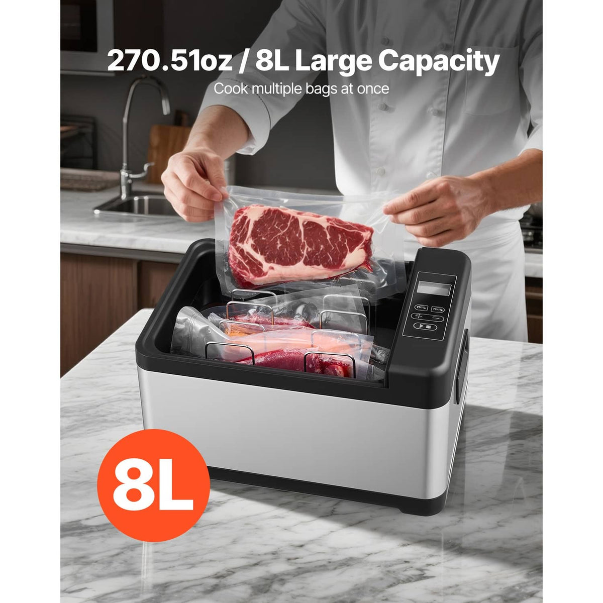 Sous vide cooker with 8L capacity, open lid and control panel, hands placing vacuum bag