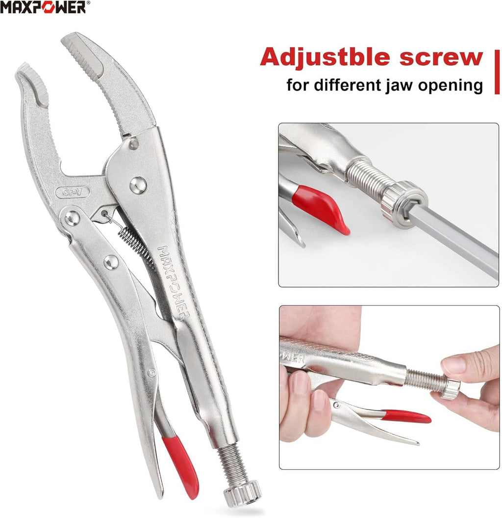 Locking pliers with adjustable screw for different jaw openings and red comfort handles