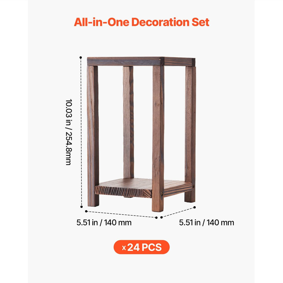Brown wooden candle lantern, open rectangular frame with bottom shelf, size shown