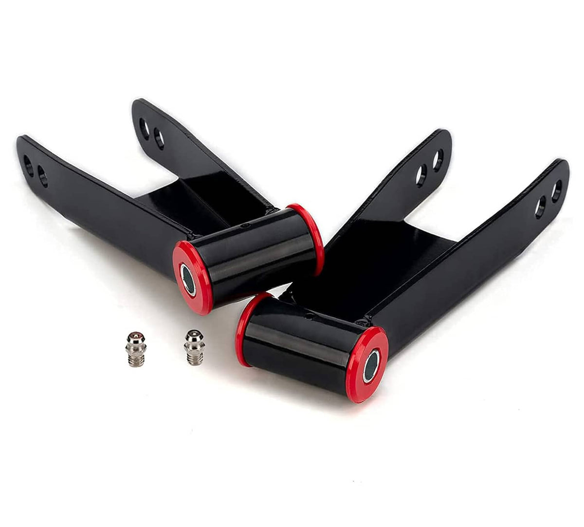 Black rear drop shackles with red bushings and mounting holes, plus hardware