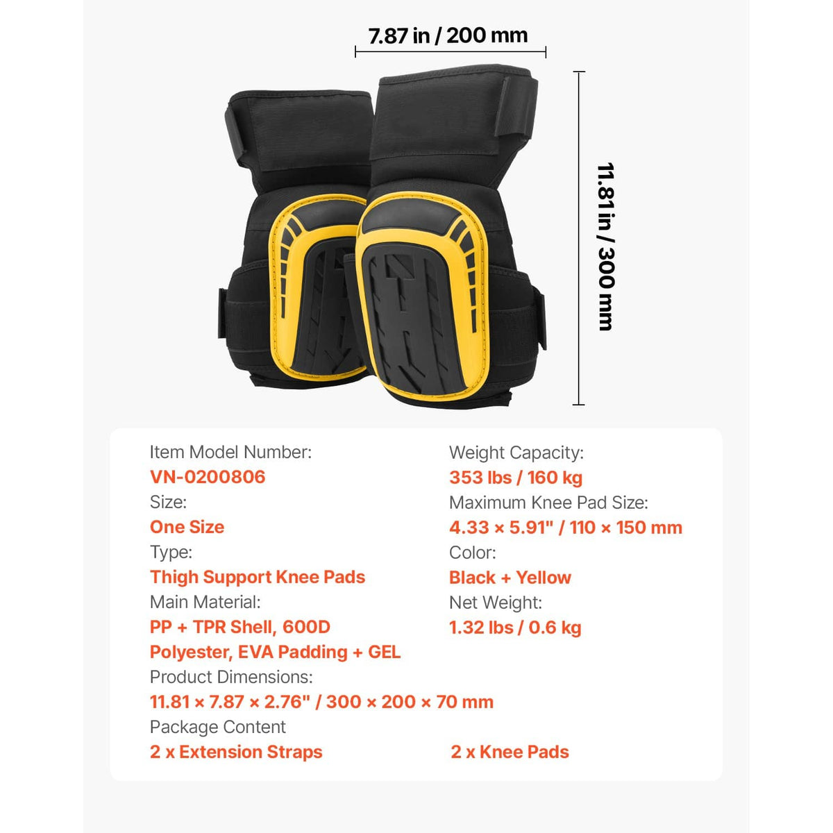 Two black-and-yellow extended knee pads on a product size diagram