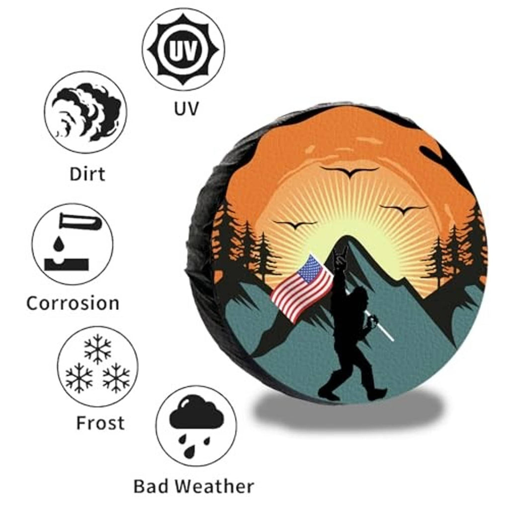 Orange and black spare tire cover with sunburst mountains and hiker with US flag