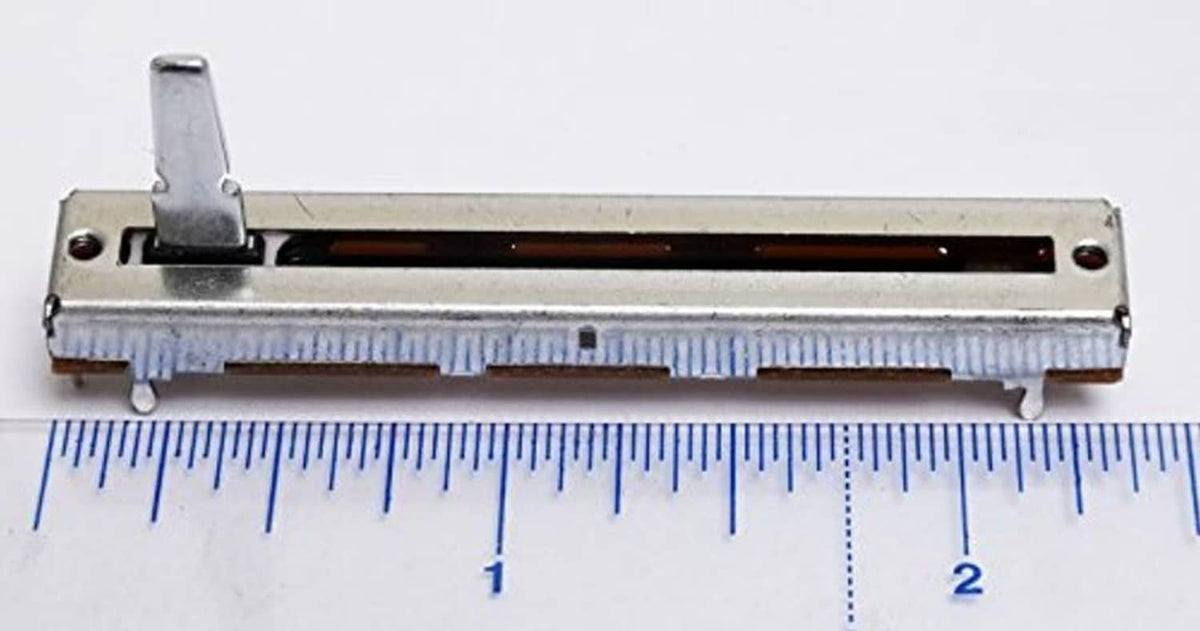 Low-profile slide potentiometer, side view with ruler scale for length