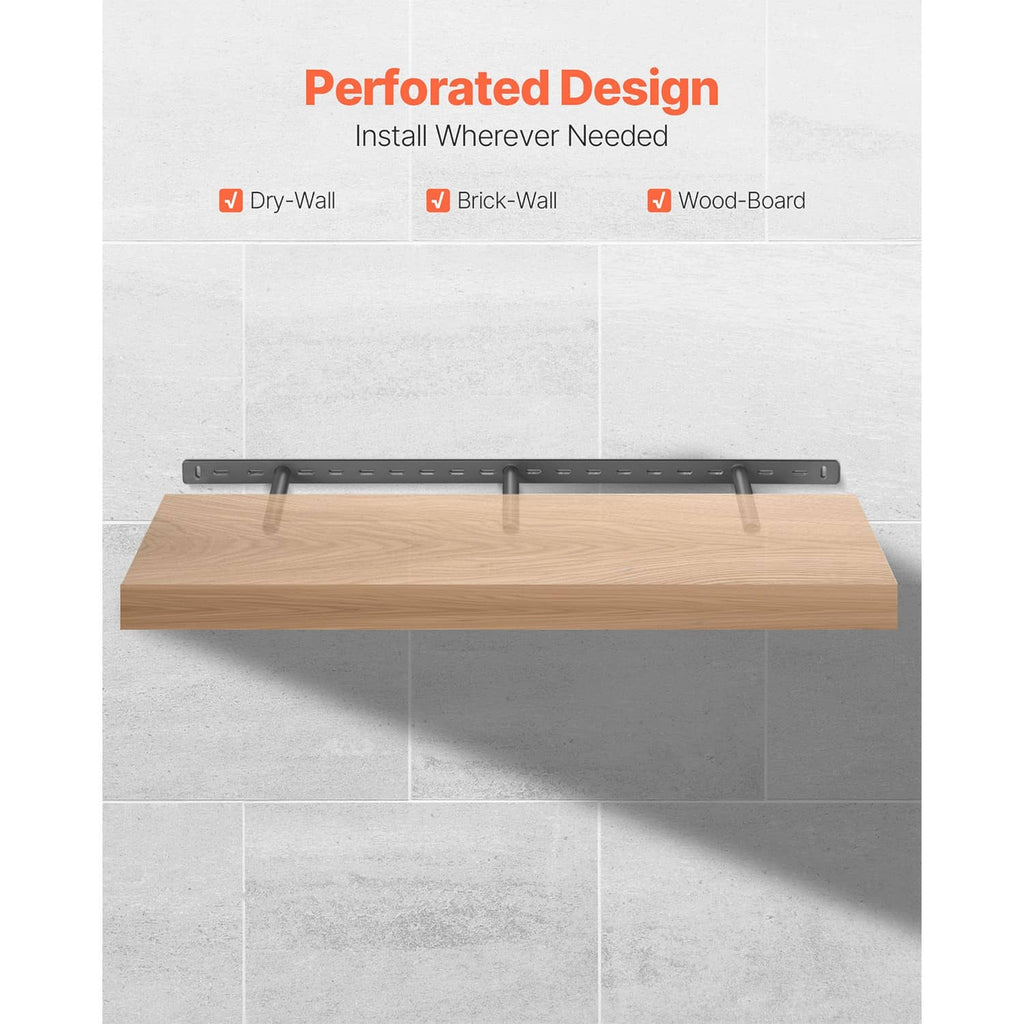 Black perforated floating shelf bracket installed under a wood shelf