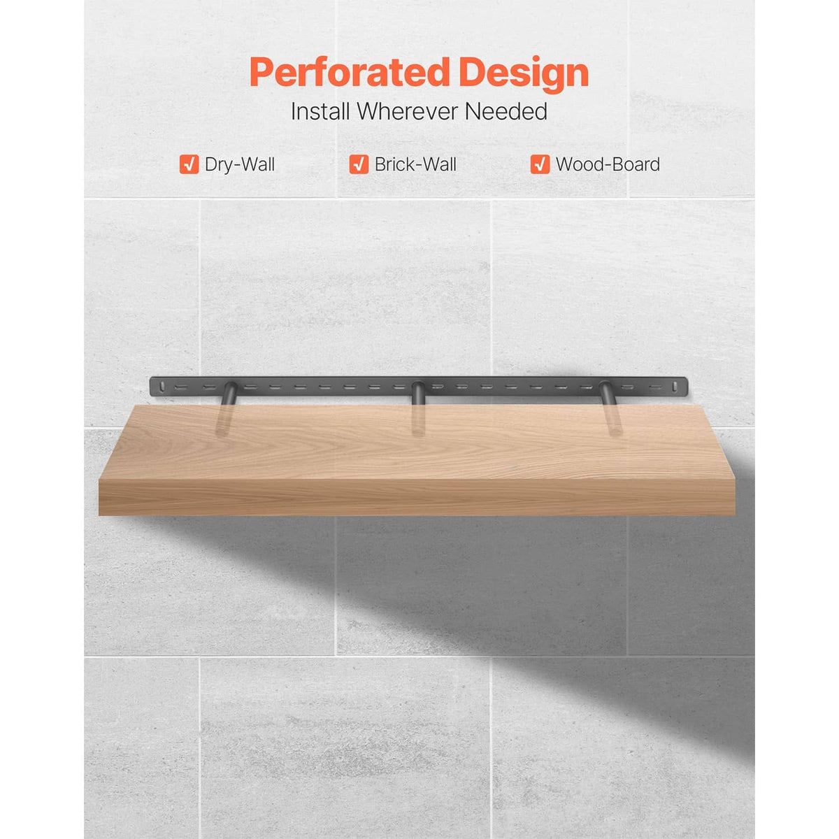 Black perforated floating shelf bracket installed under a wood shelf