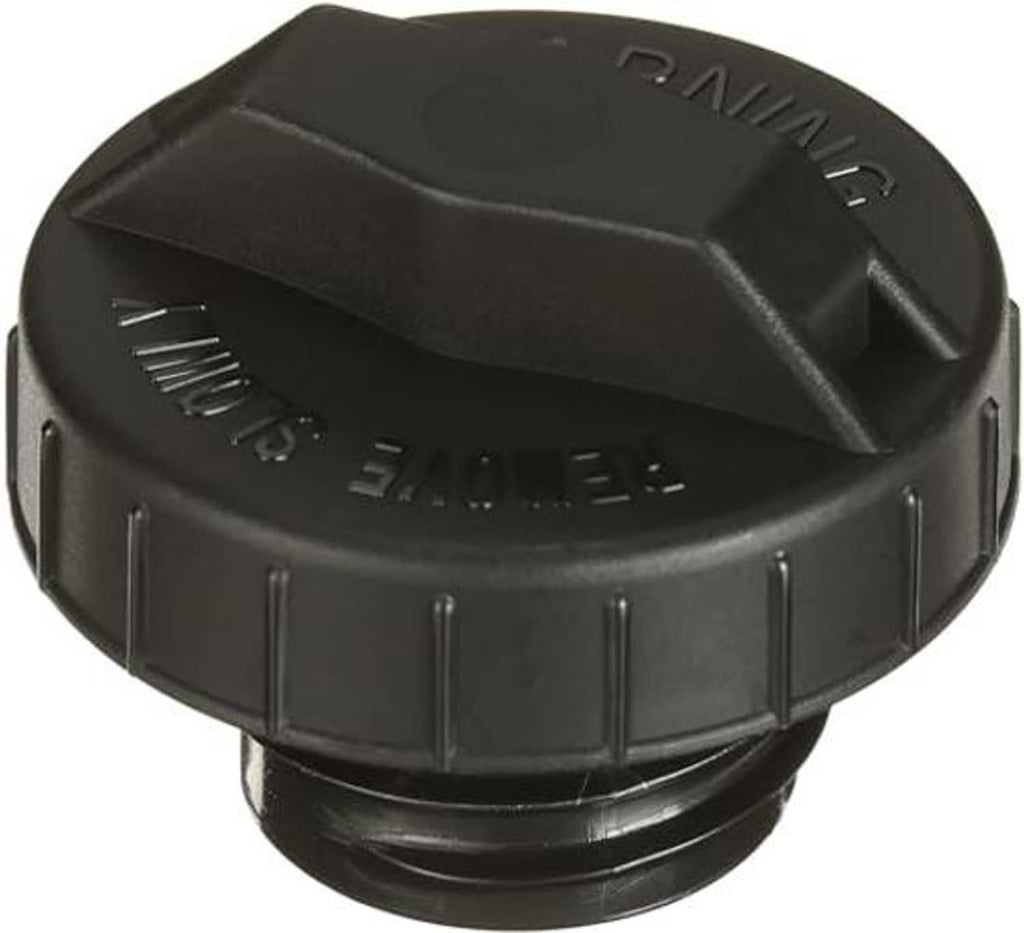 Black fuel tank cap with molded warning text and ribbed grip, OE-style replacement
