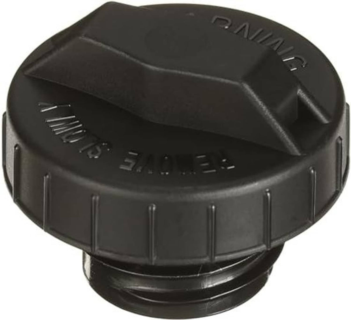 Black fuel tank cap with molded warning text and ribbed grip, OE-style replacement