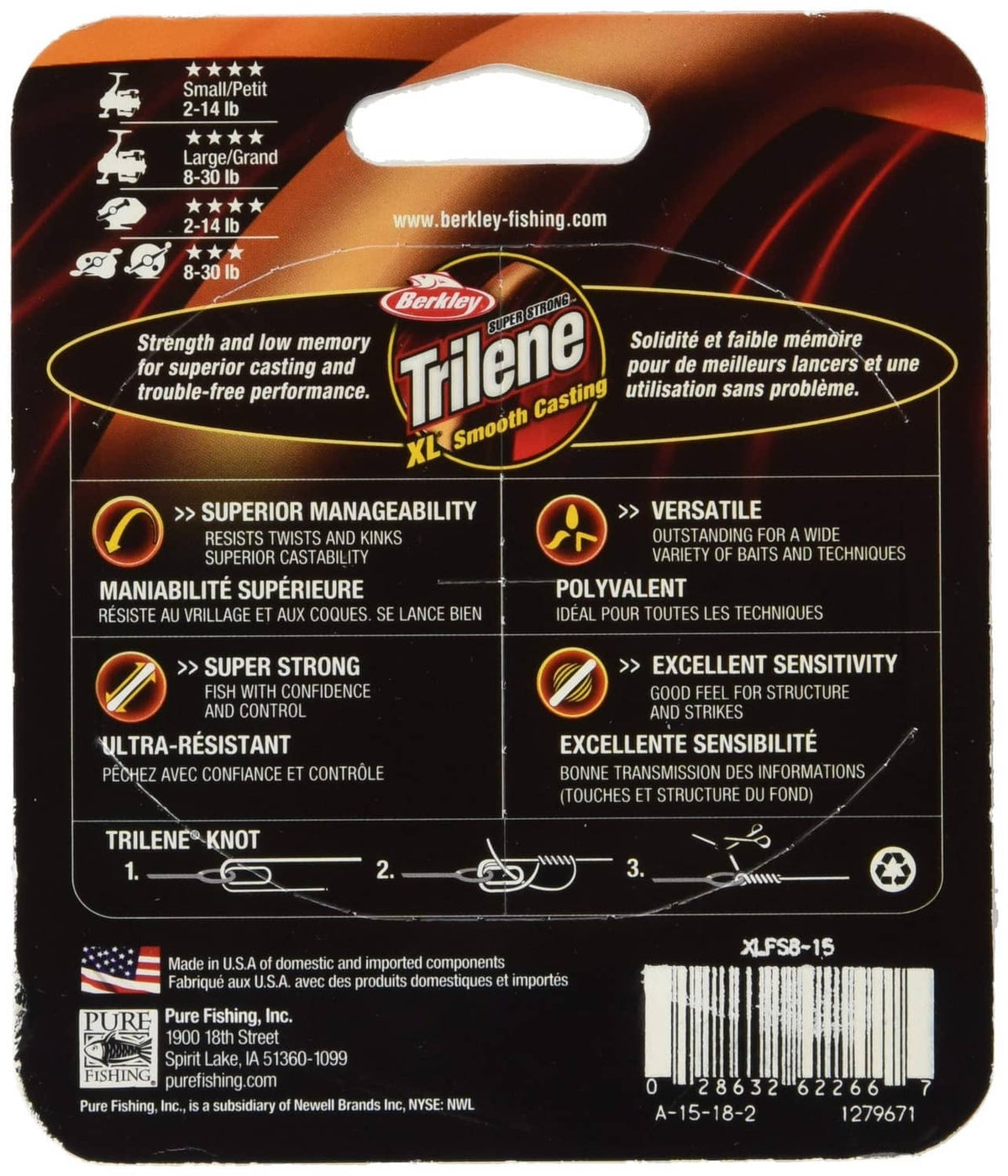 Berkley Trilene XL fishing line package back with features and strength ratings