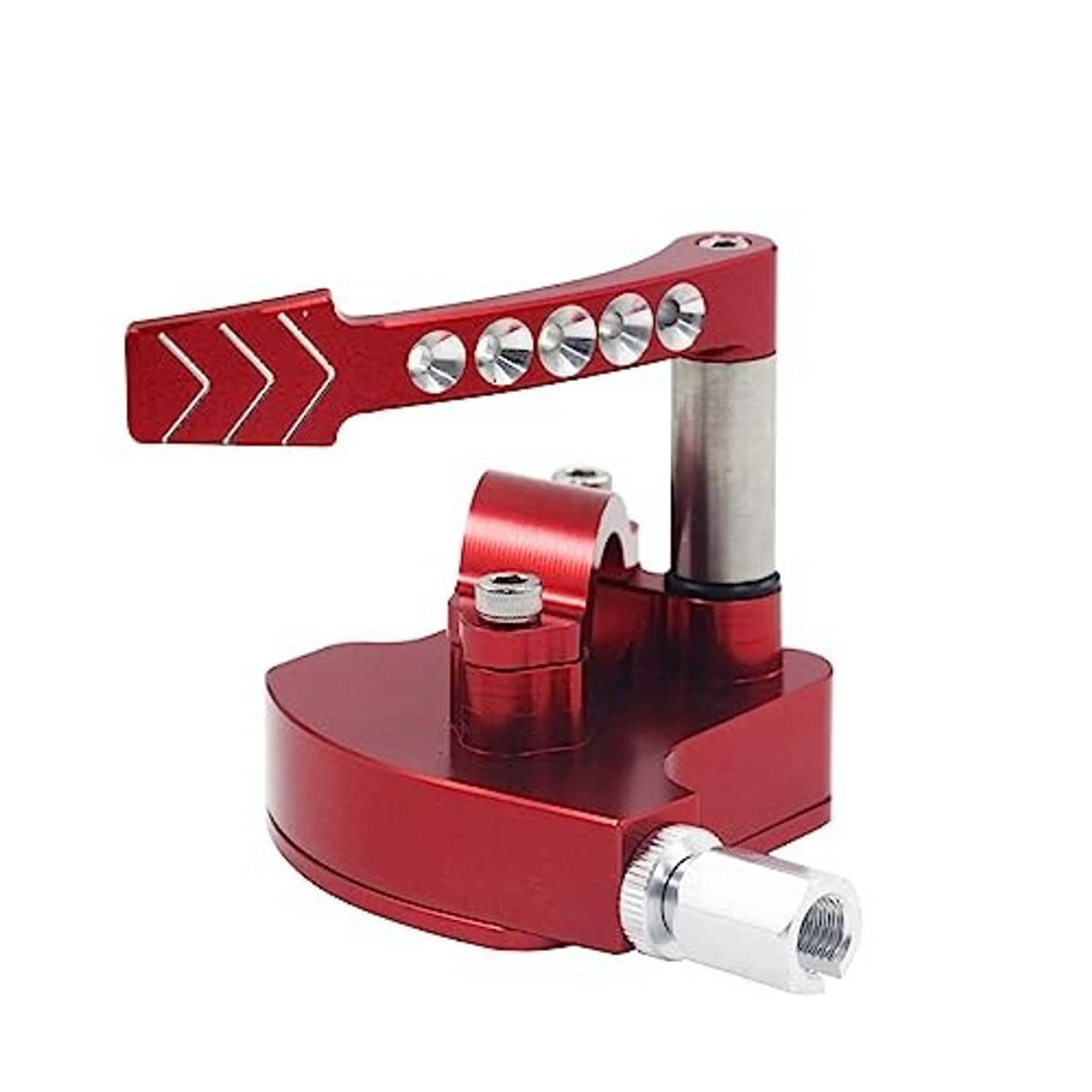 Red billet throttle thumb assembly showing lever, screw caps, and silver handle tube