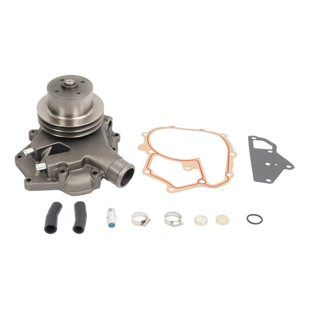 Steel water pump assembly kit with gasket and hardware pieces, metallic gray.