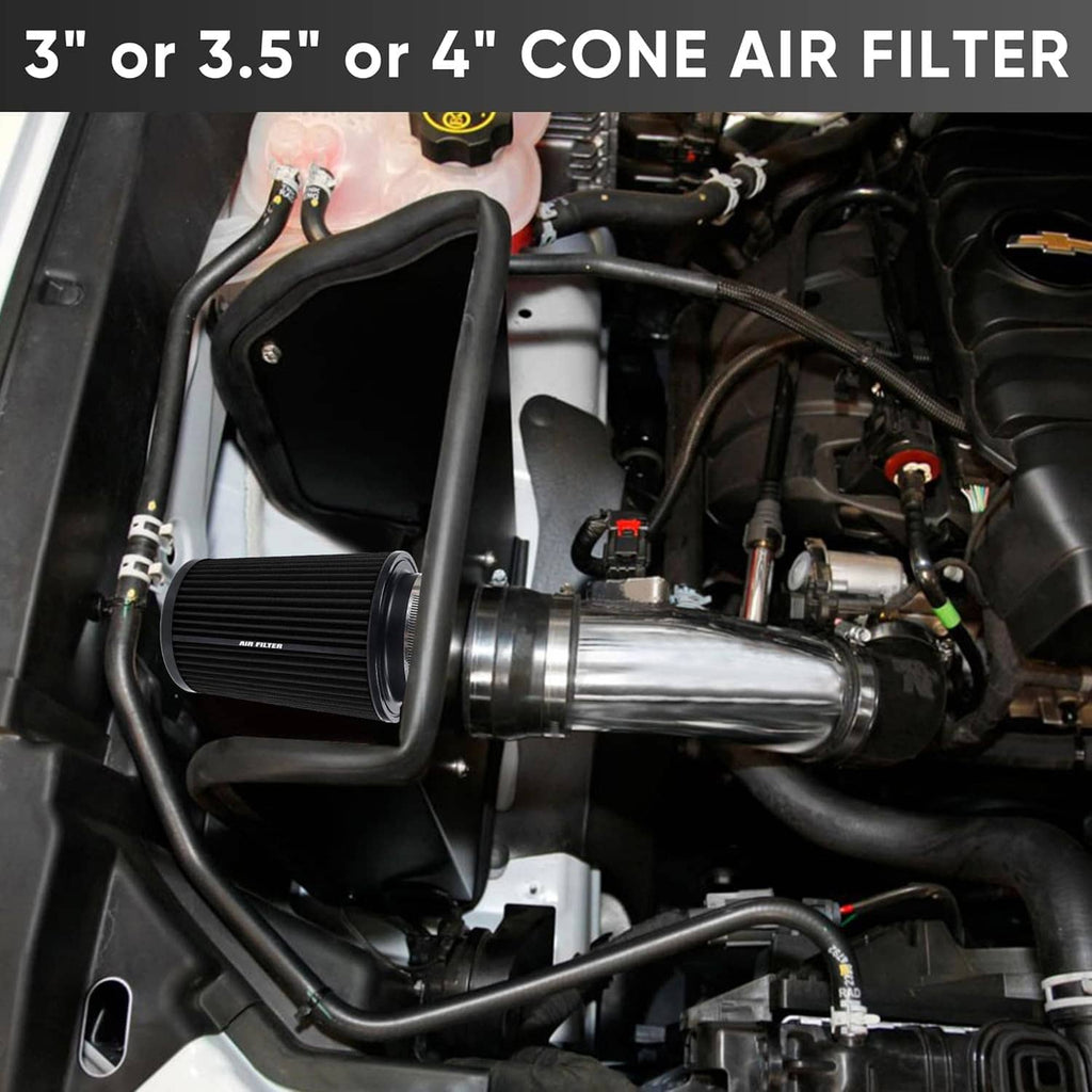 Cone air intake filter installed in engine bay with black housing and metal end