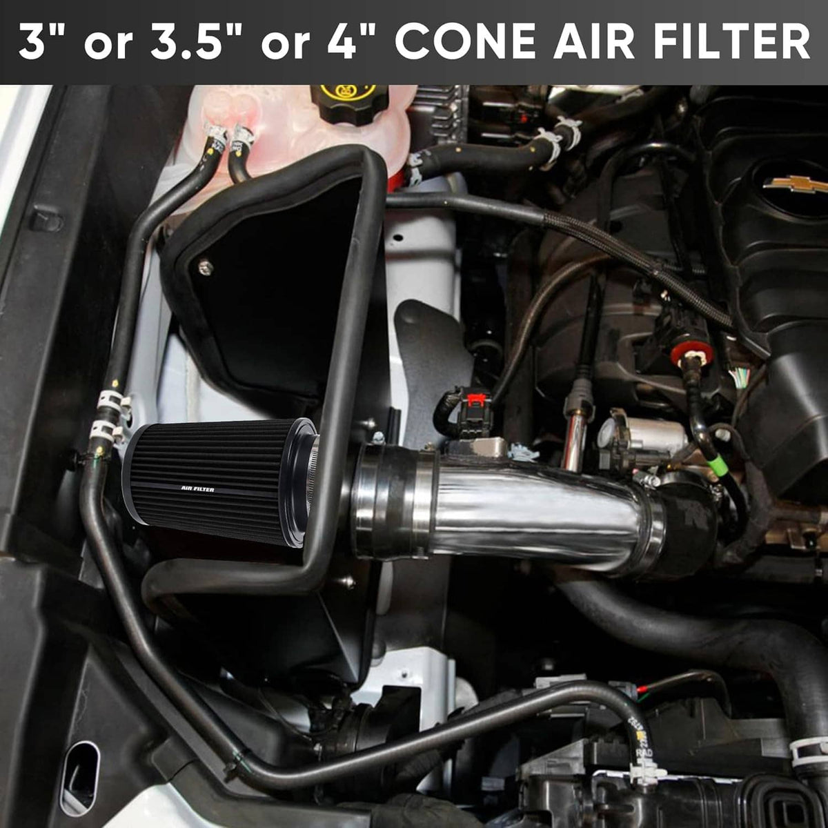 Cone air intake filter installed in engine bay with black housing and metal end