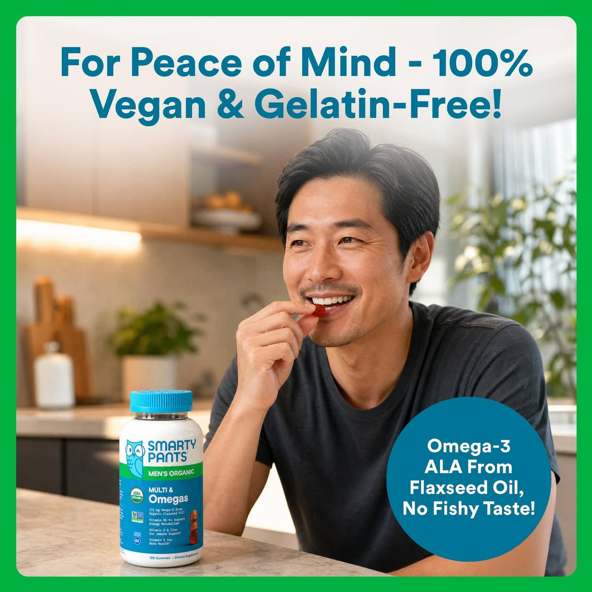 Men's organic multivitamin bottle with vegan and gelatin-free badge