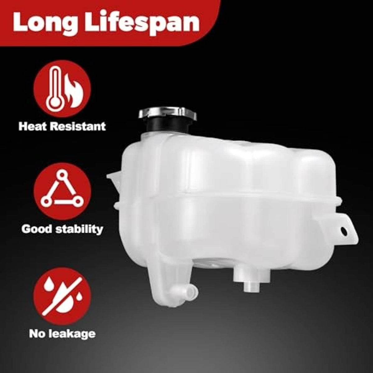 White coolant reservoir tank with black cap, shown from side angle