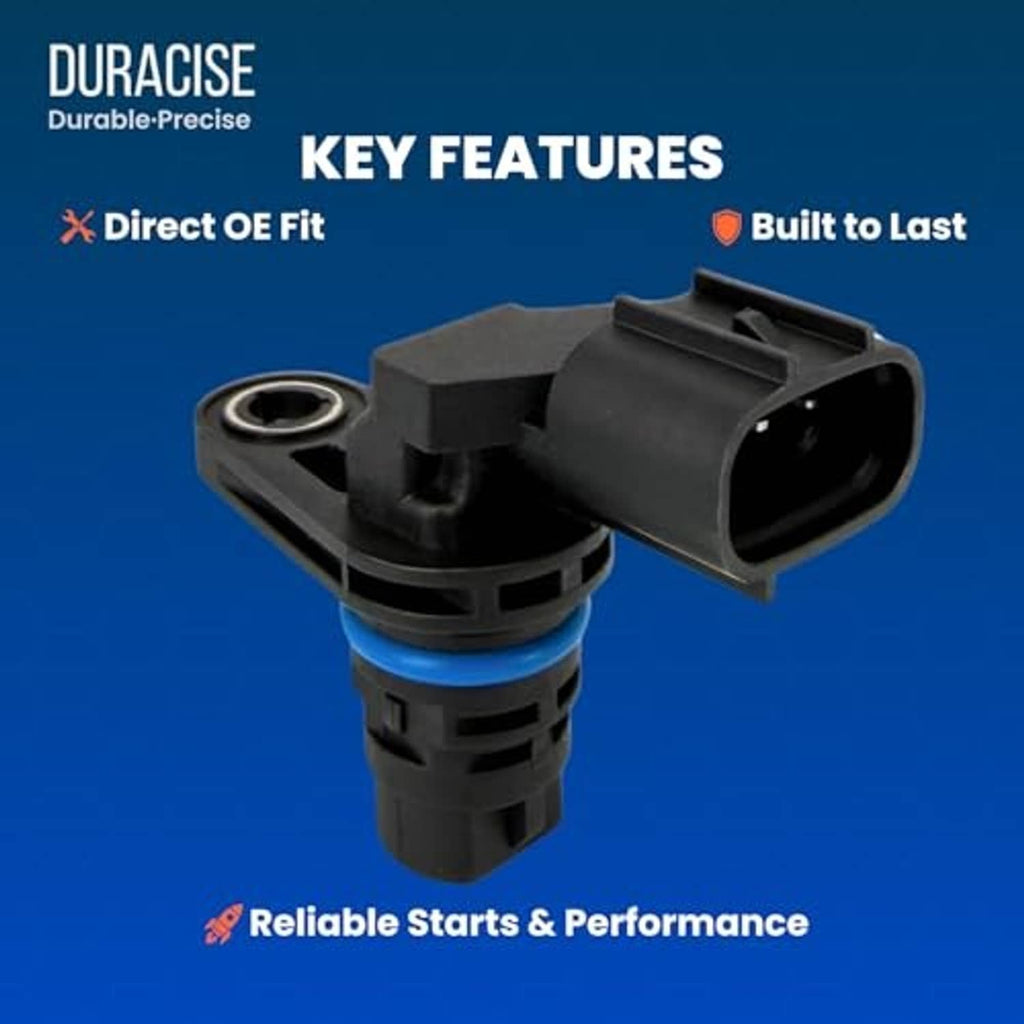 Camshaft position sensor with black housing and blue insulator ring, angled connector view