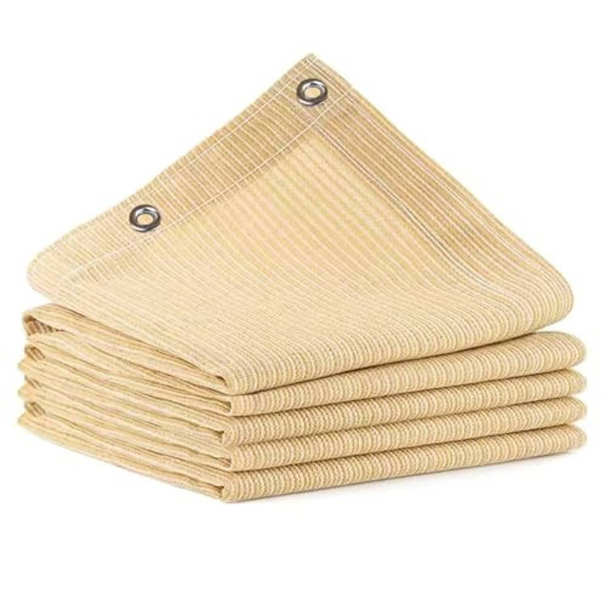 Beige sun shade mesh netting with corner grommets, neatly folded in stacked layers