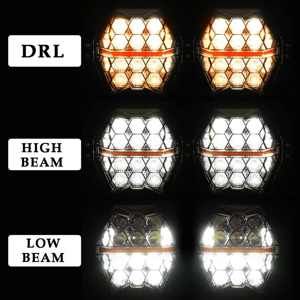 Dual LED headlights showing DRL amber and high/low beam white light patterns