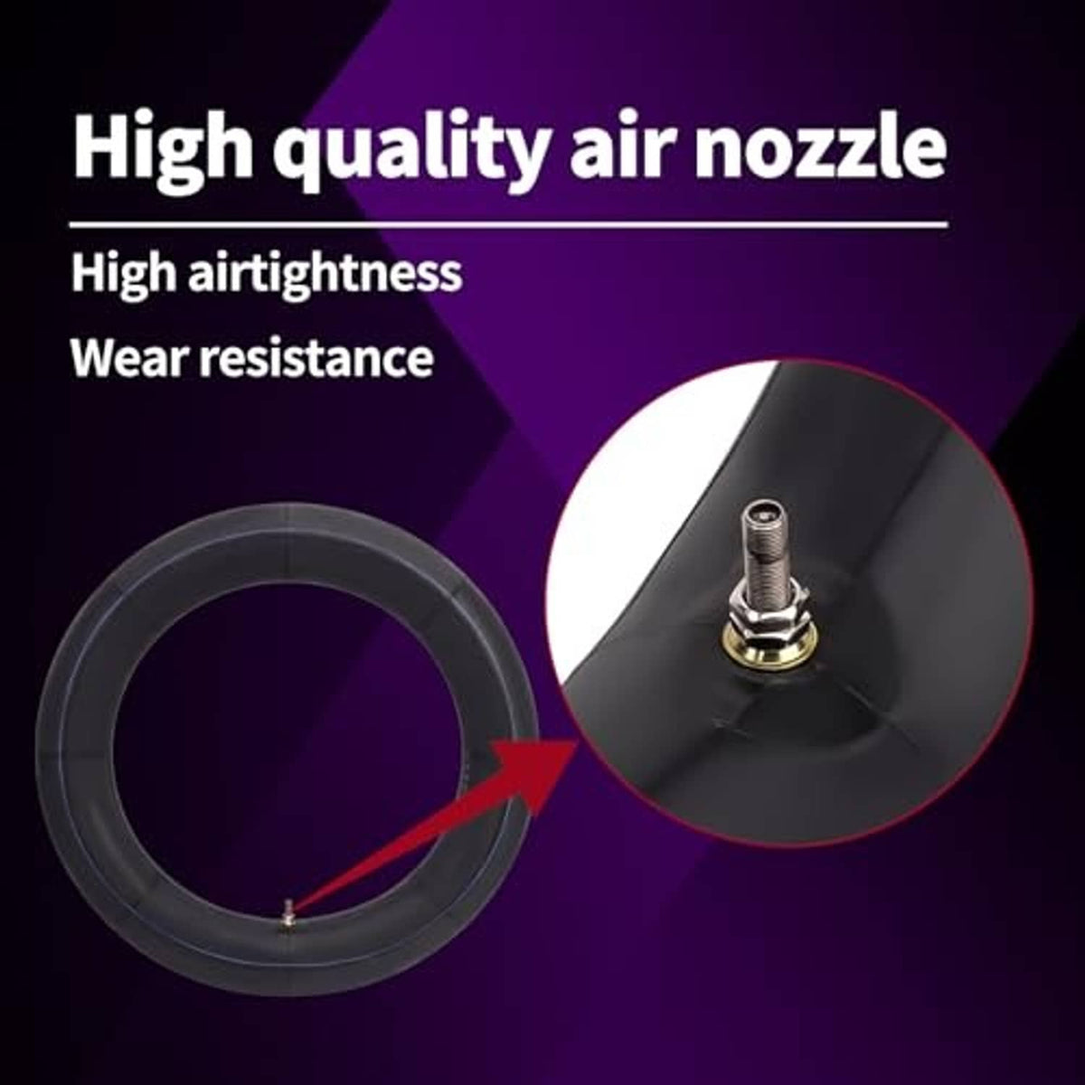 Motorcycle inner tube with air valve stem, close-up detail
