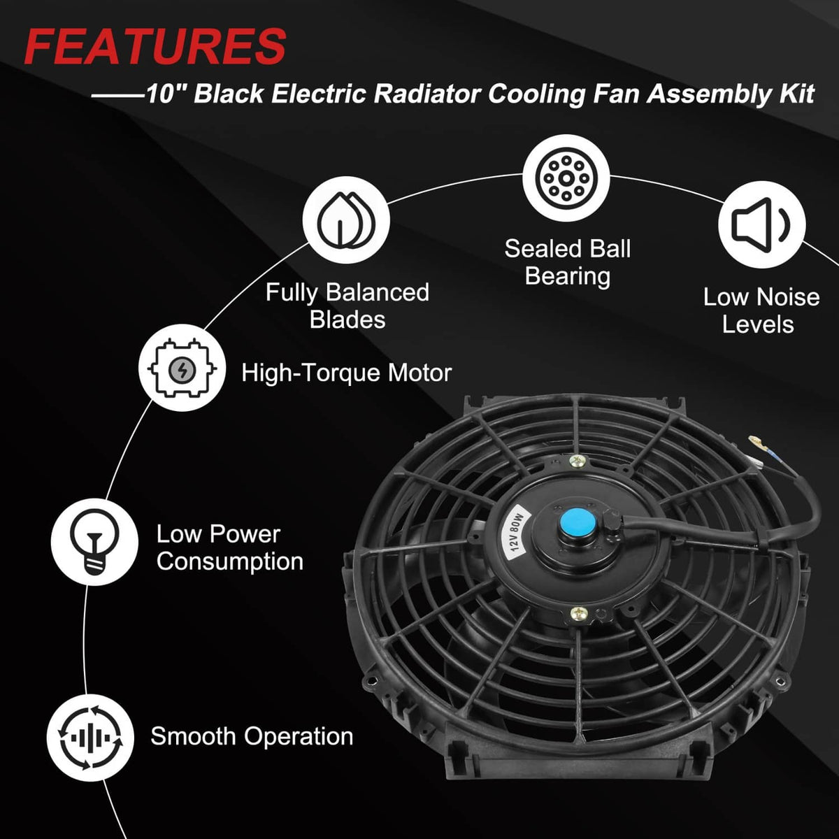 Black electric radiator cooling fan assembly with curved blades and blue center hub