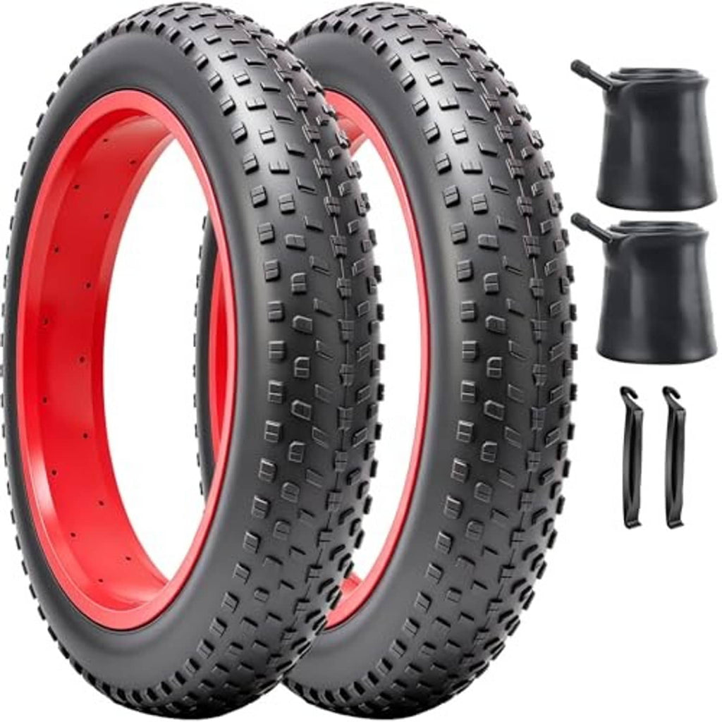 Black fat bike tires with red rims; two inner tubes and two tire levers
