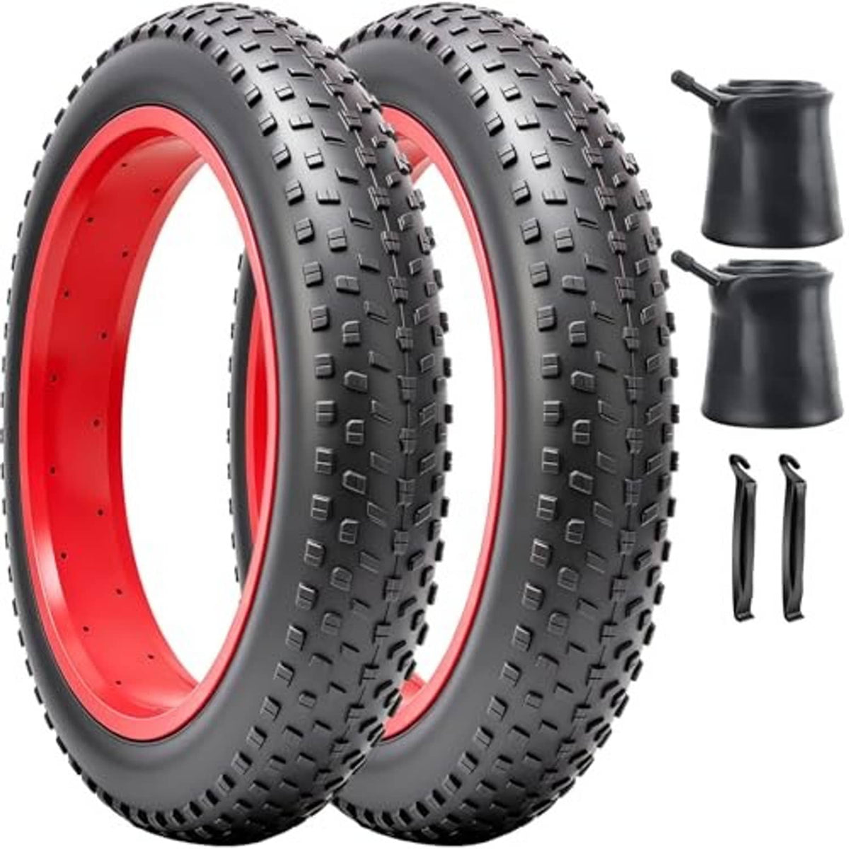 Black fat bike tires with red rims; two inner tubes and two tire levers