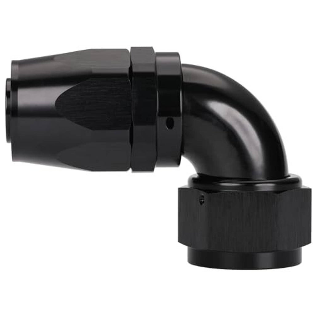 Black 90-degree swivel AN hose end fitting with full-flow elbow and threaded female end
