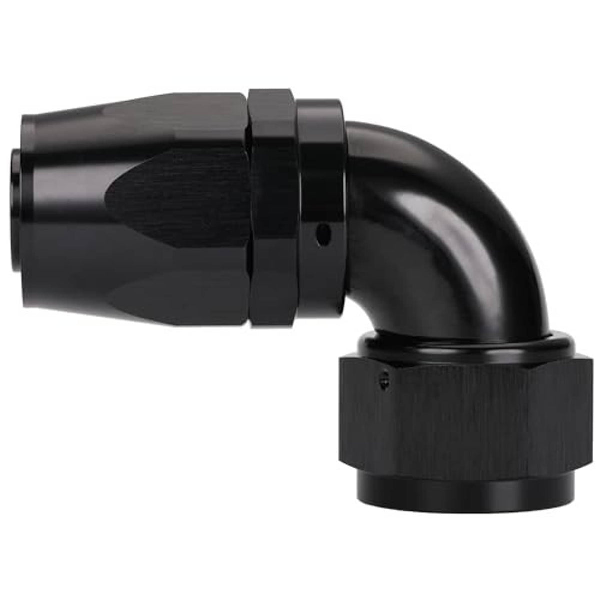Black 90-degree swivel AN hose end fitting with full-flow elbow and threaded female end