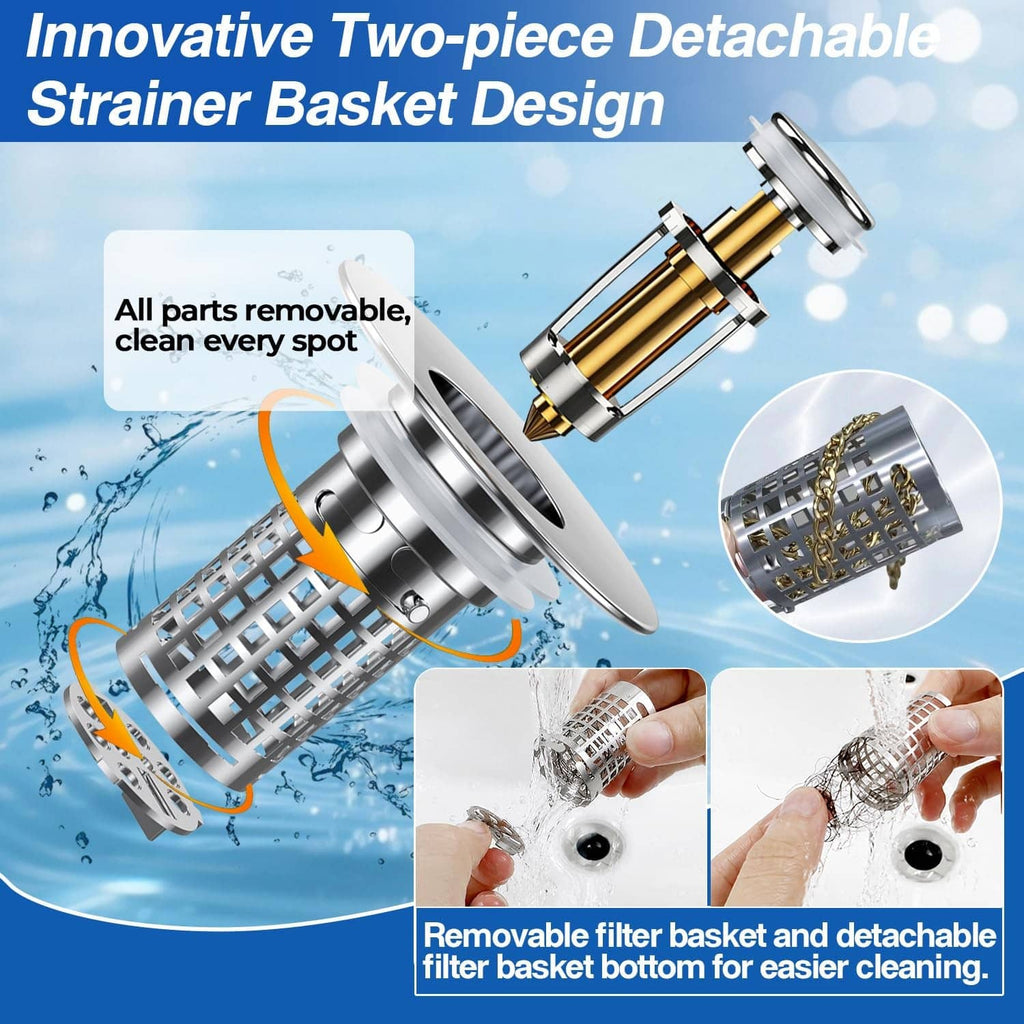 Detachable pop-up sink drain strainer with brass core and square mesh filter basket