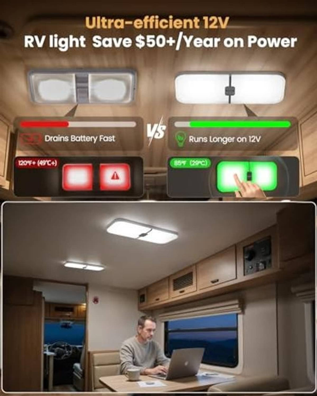 Ceiling-mounted 12V RV LED dome light with bright glow in camper interior.