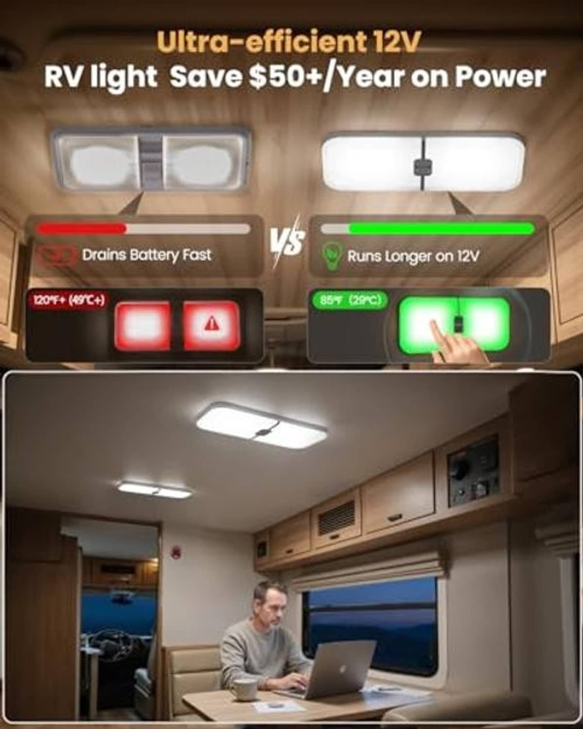 Ceiling-mounted 12V RV LED dome light with bright glow in camper interior.