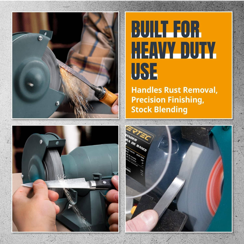 Bench grinder grinding wheel in use, sparks while sharpening metal
