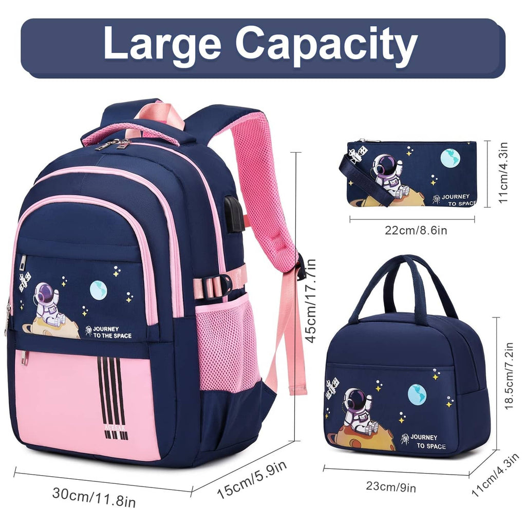 Navy and pink large astronaut school backpack with front and side pockets