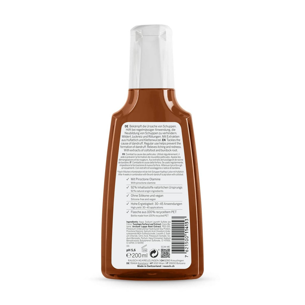 RAUSCH anti-dandruff shampoo bottle back view, brown bottle with white cap