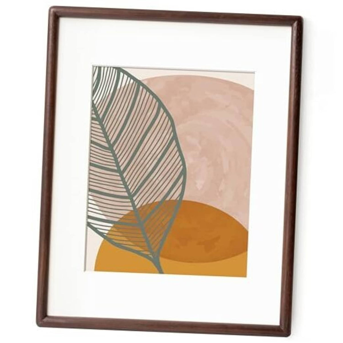 Walnut-brown 11x14 picture frame with rounded corners and white mat, front view.