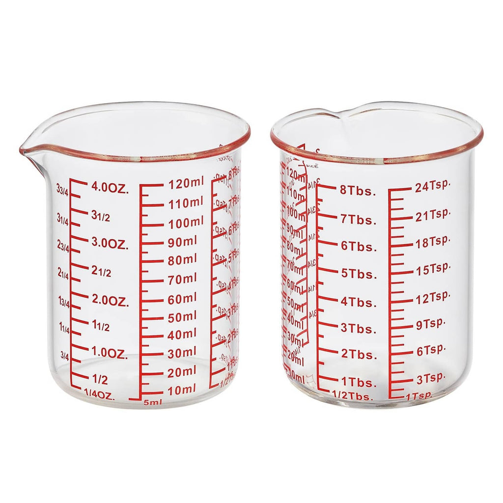 Clear V-shaped glass measuring cups with red 120 mL markings, pack of 2.