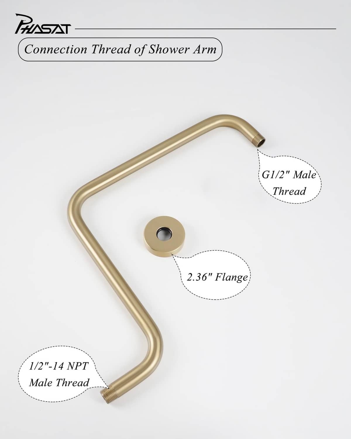 Brushed gold shower arm with 1/2" NPT male thread and round flange