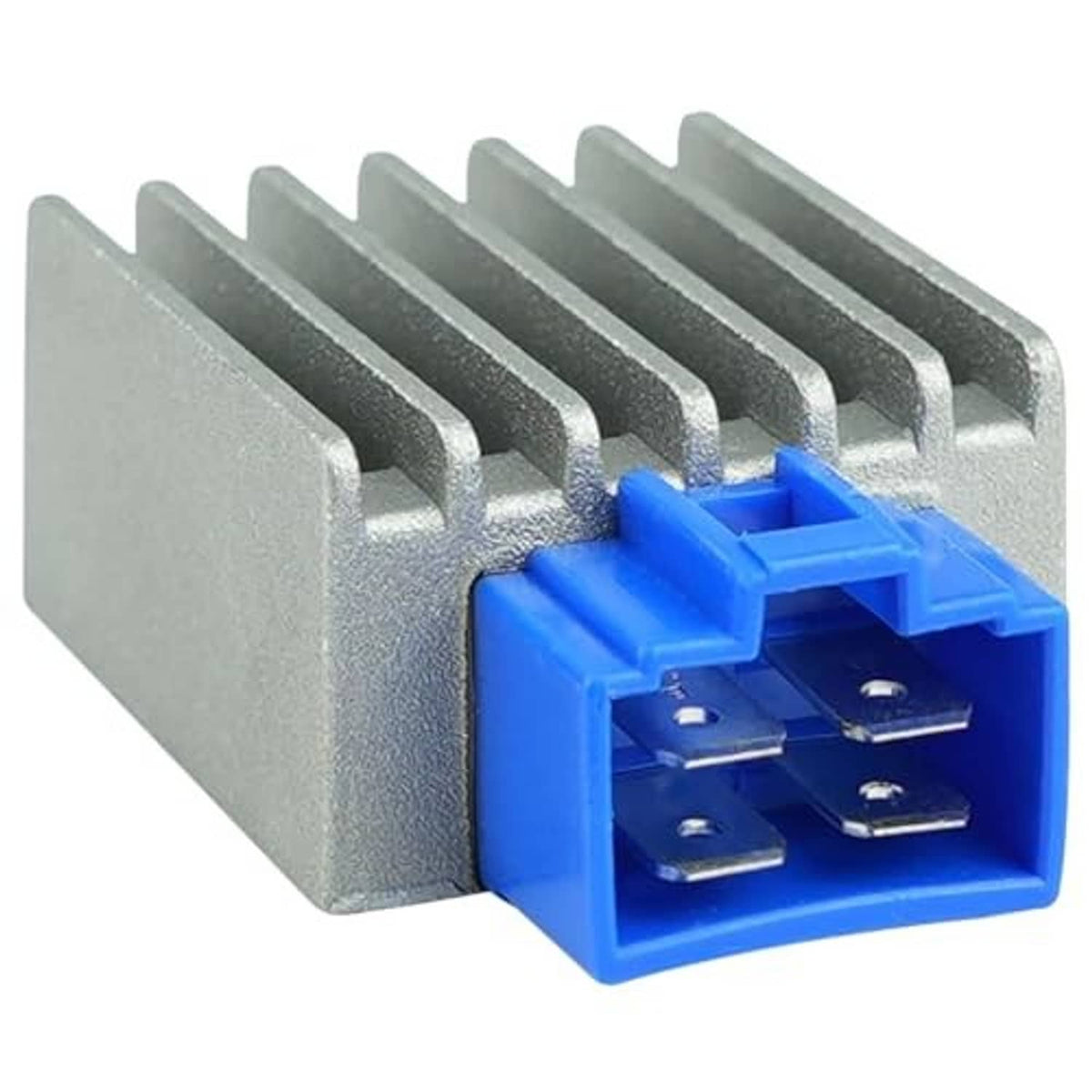 Voltage regulator rectifier close-up, silver heat sink fins and blue multi-pin plug