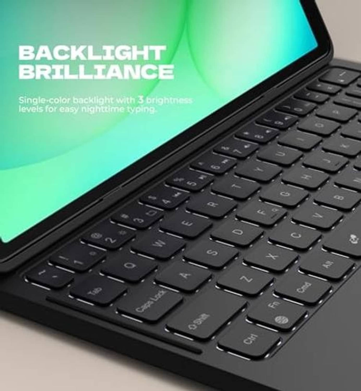 Black keyboard tablet case keyboard with backlit keys and trackpad area