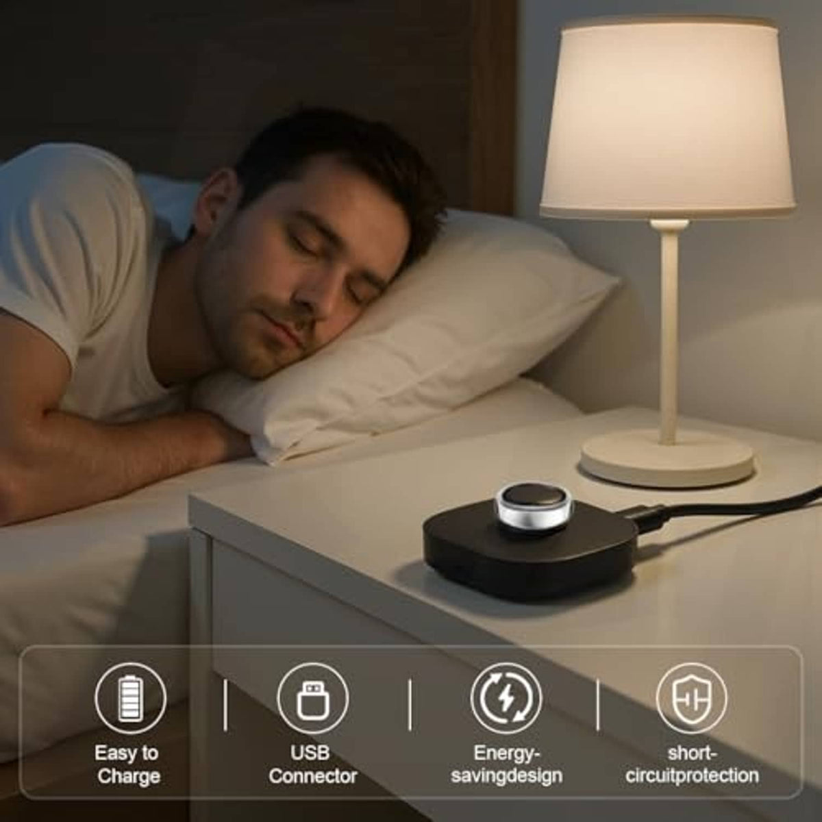 Black charging dock on nightstand with connected USB-C cable